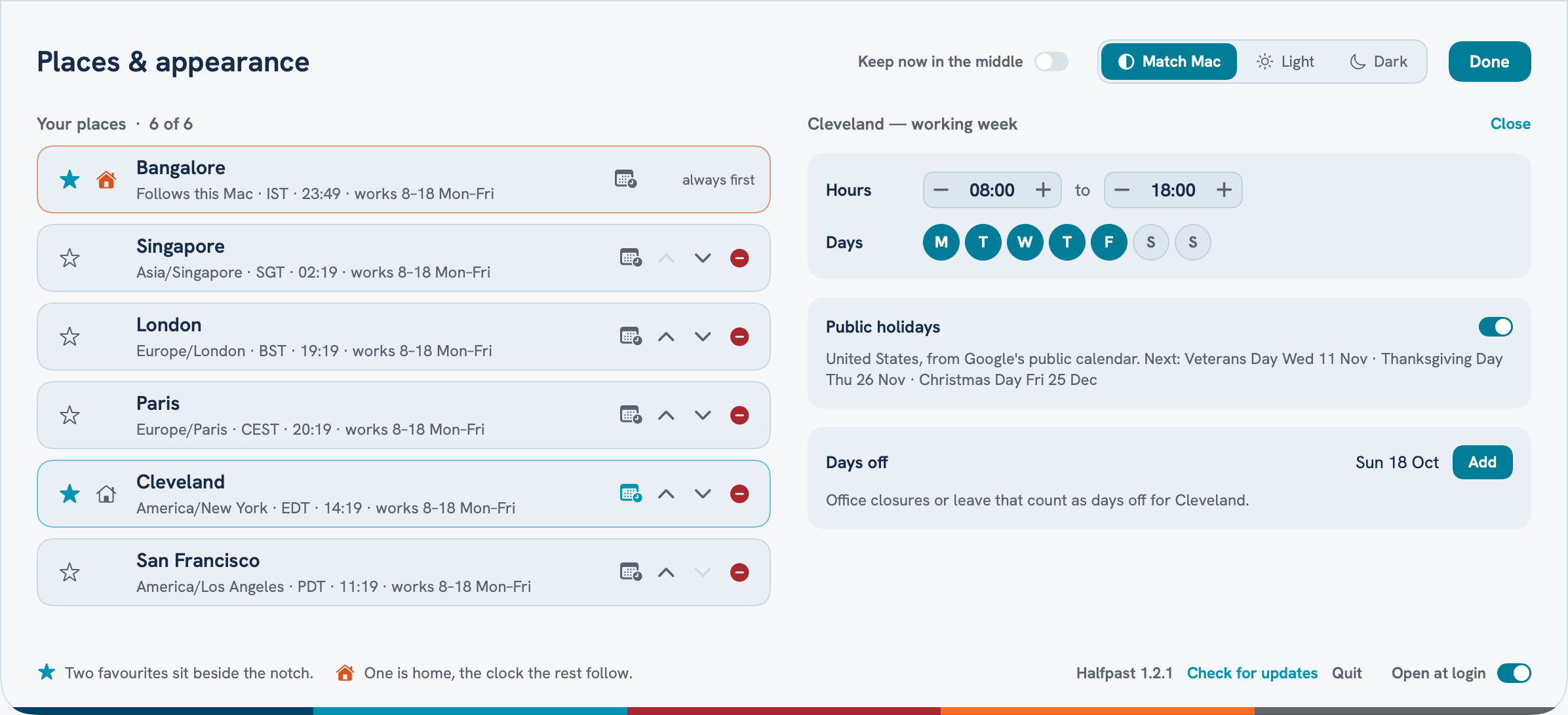 A place's working week: hours, working days, public holidays and days off